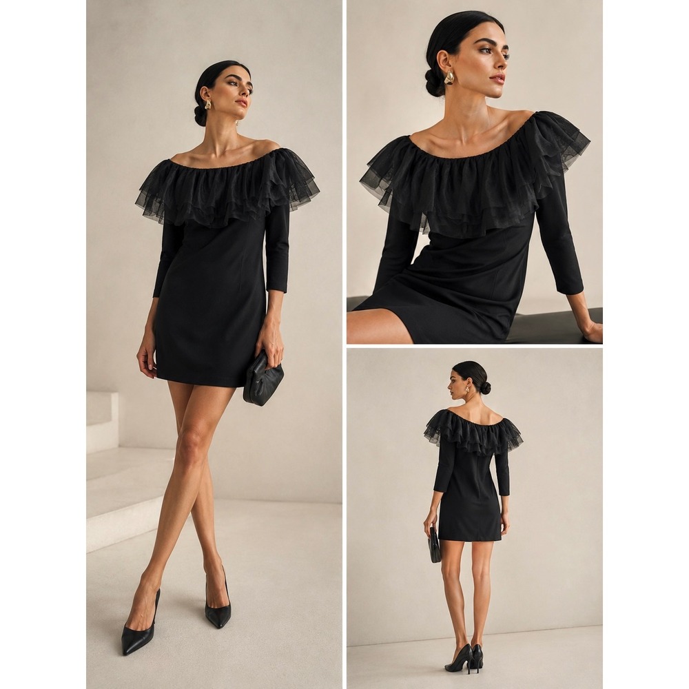 Zara Balletcore Romantic tulle Bardot Mini Dress Black Party Dress NWT